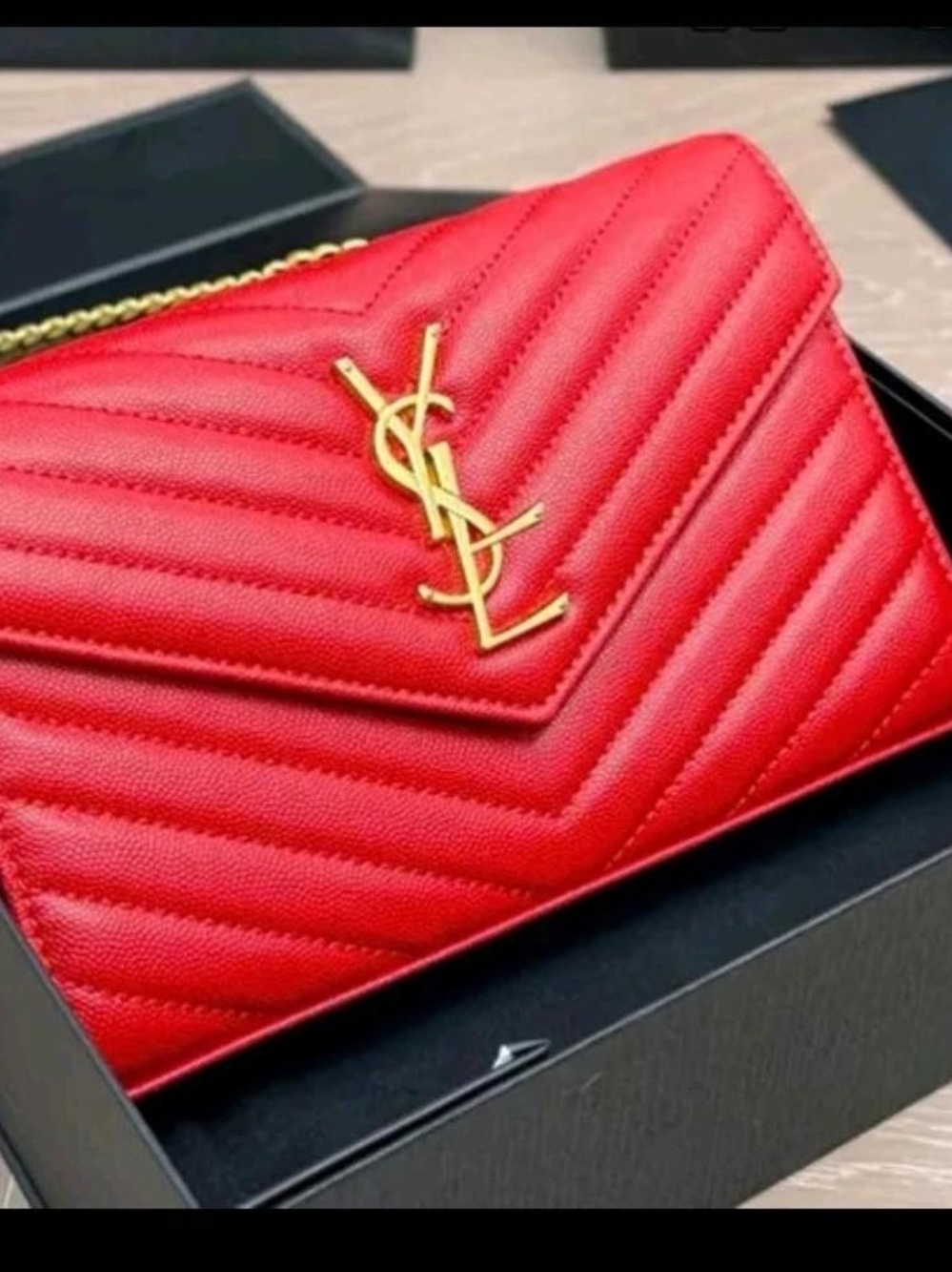 Saint Laurent Monogram Envelope Chain Wallet in Grain de Poudre Leather Red